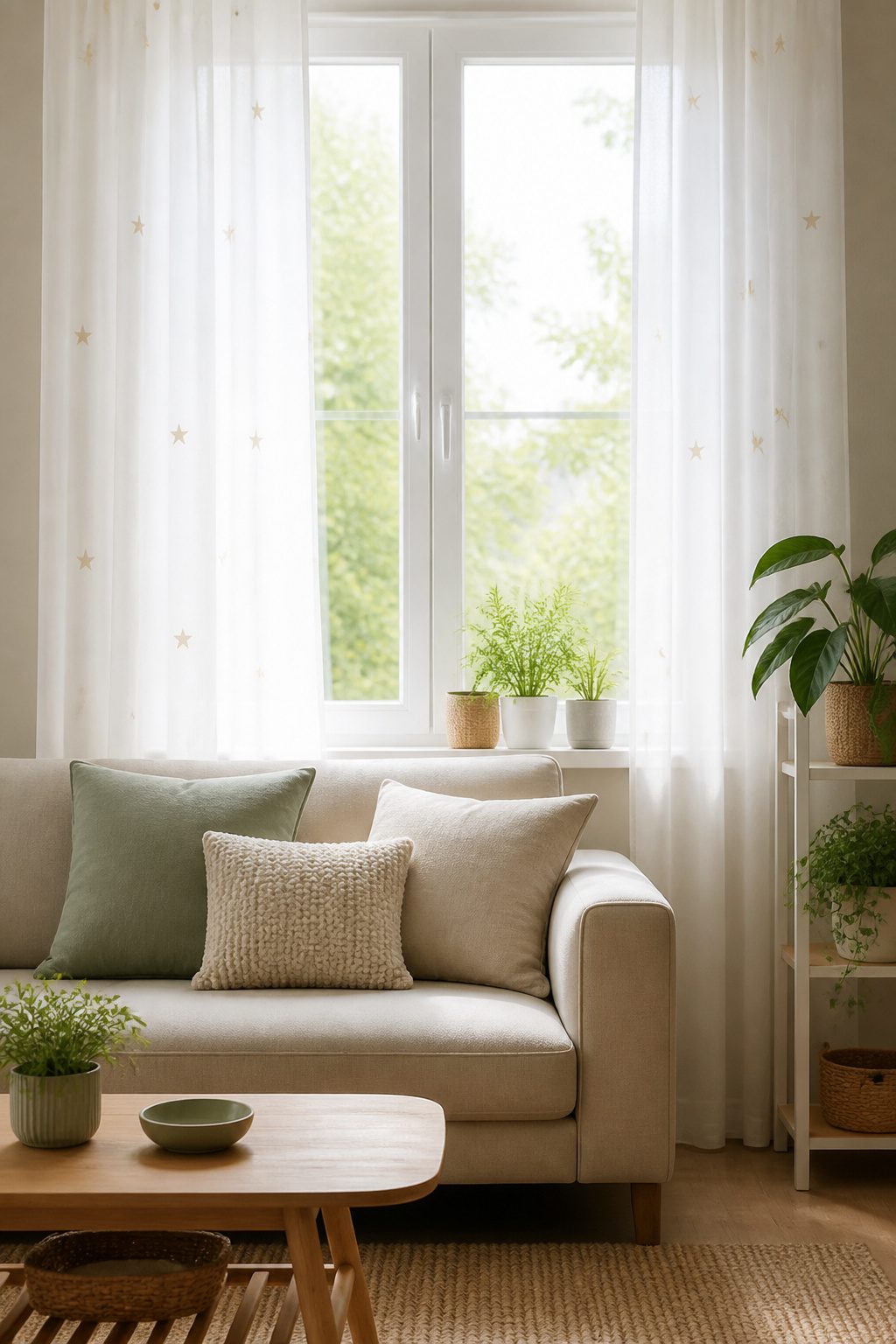 Sheer Curtains With Stars: Twinkling White Sheer Curtain Ideas 9 A pair of soft white cotton voile curtains covering a large window.