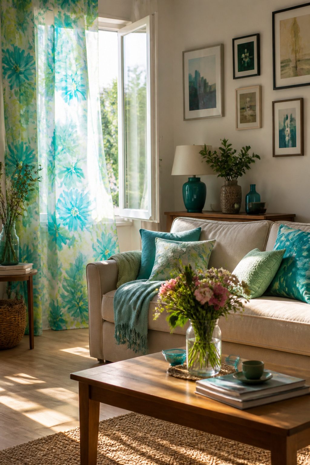 Sheer Curtains With Stars: Twinkling White Sheer Curtain Ideas 13 A turquoise and green floral voile curtain in a family room.
