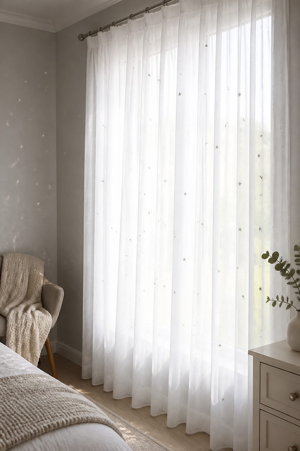 Sheer Curtains With Stars: Twinkling White Sheer Curtain Ideas 1 A white sheer curtain with glitter stars hanging in a window.