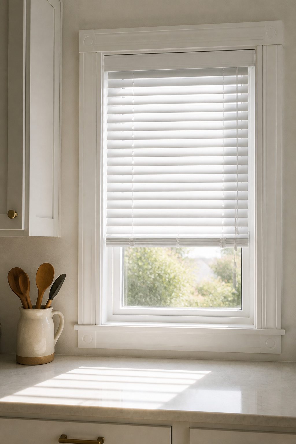 Narrow aluminum mini blinds installed in a small kitchen window.