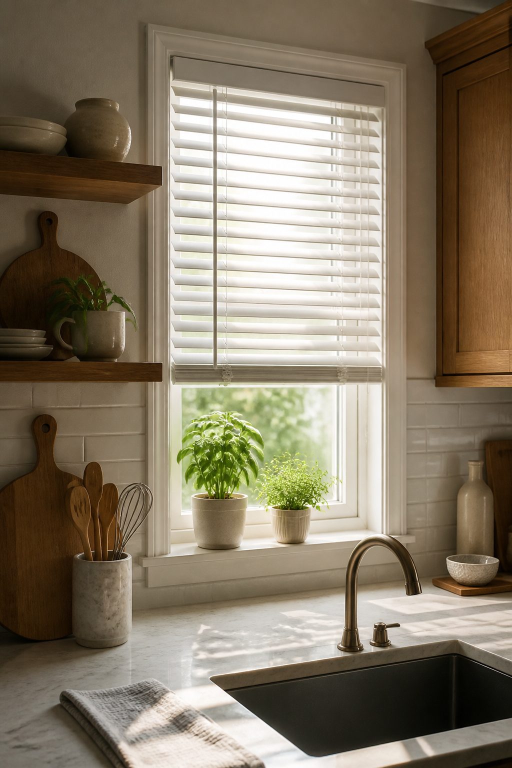 Close-up of soft-white faux wood blinds in a cozy kitchen.