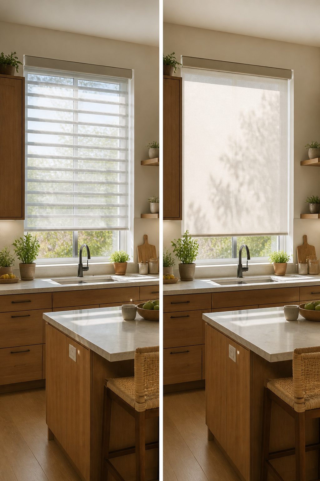 Sheer shadings with floating vanes in a kitchen window.