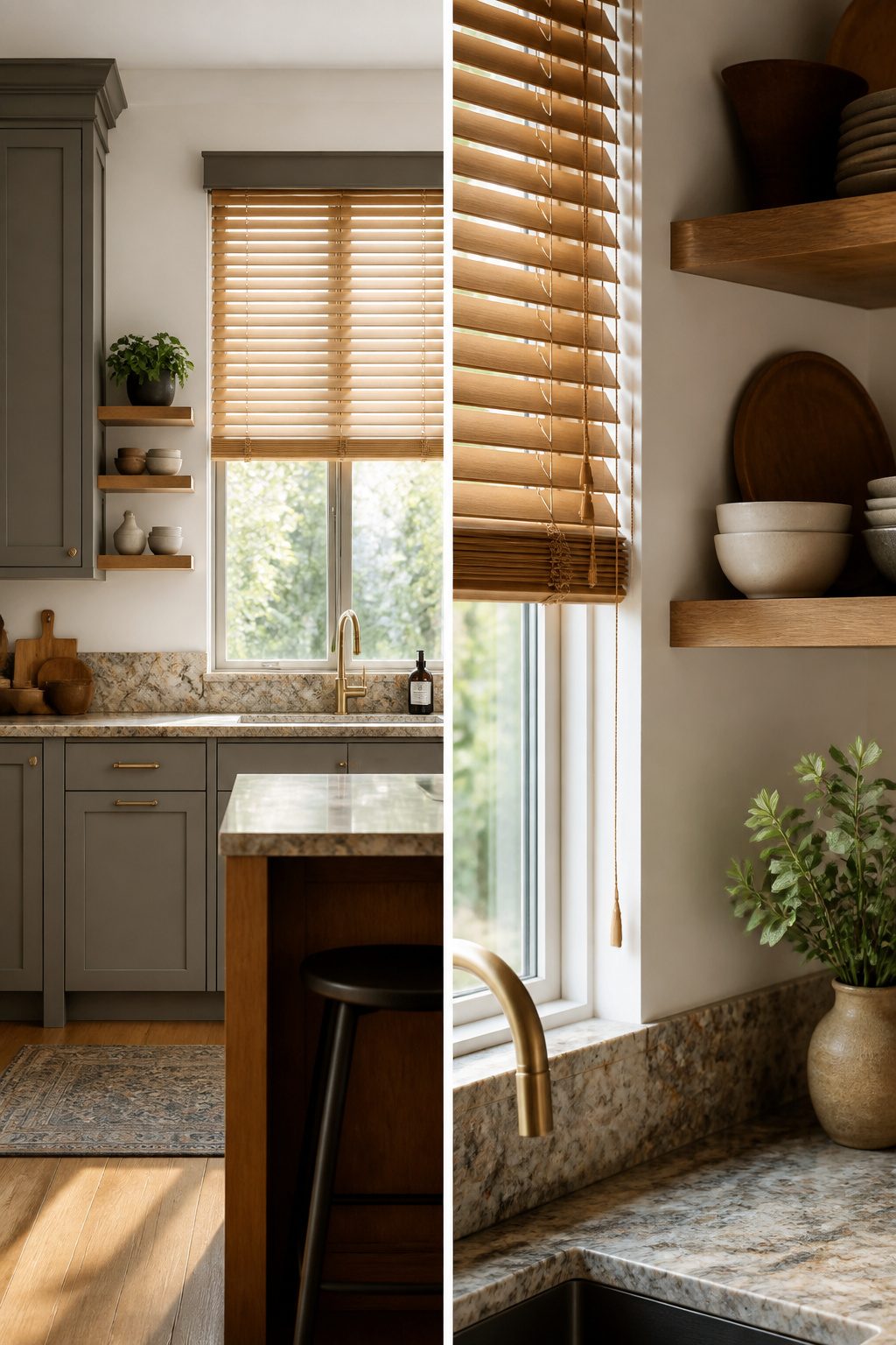 Honey-toned wood blinds installed against gray shaker cabinets.