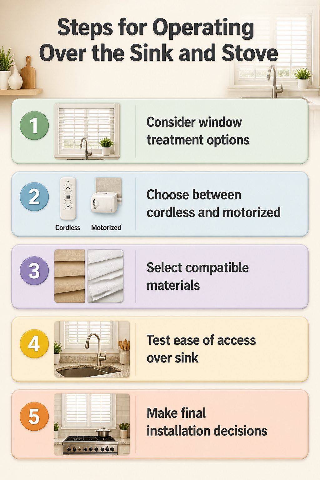 Steps for operating window treatments above a sink and stove.