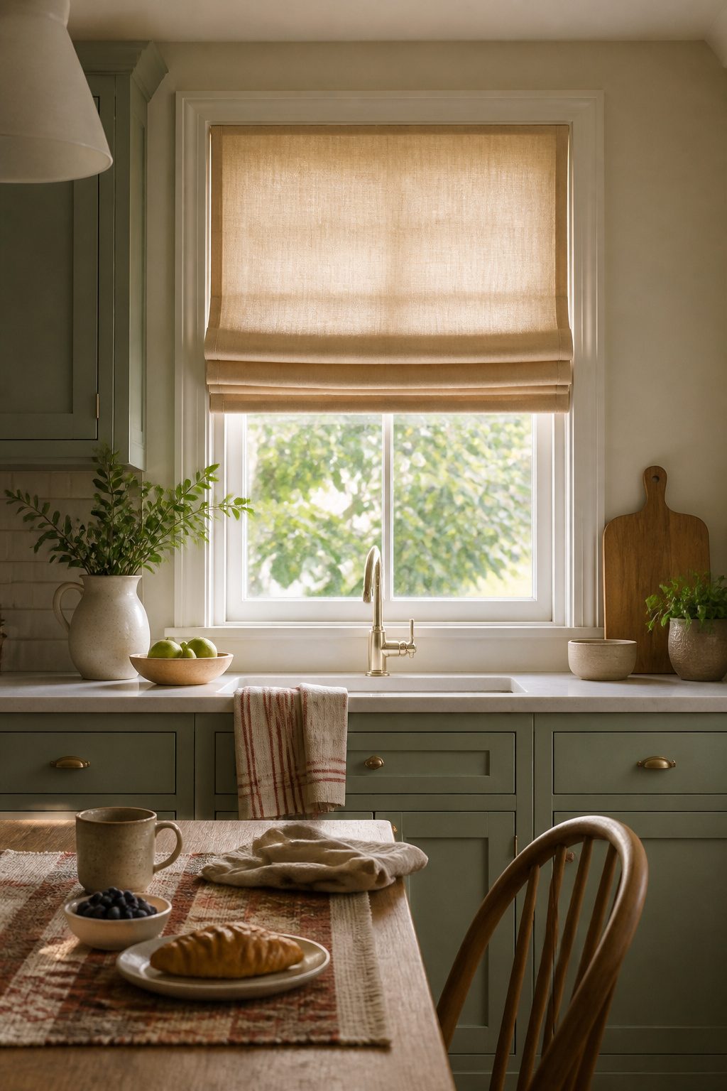 Roman shades with consistent folds installed in a kitchen.