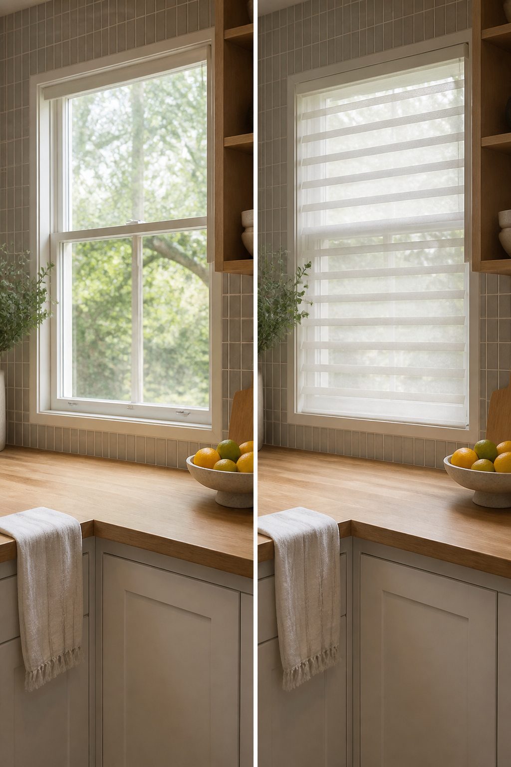Sheer shadings with S-shaped vanes installed in a kitchen window.