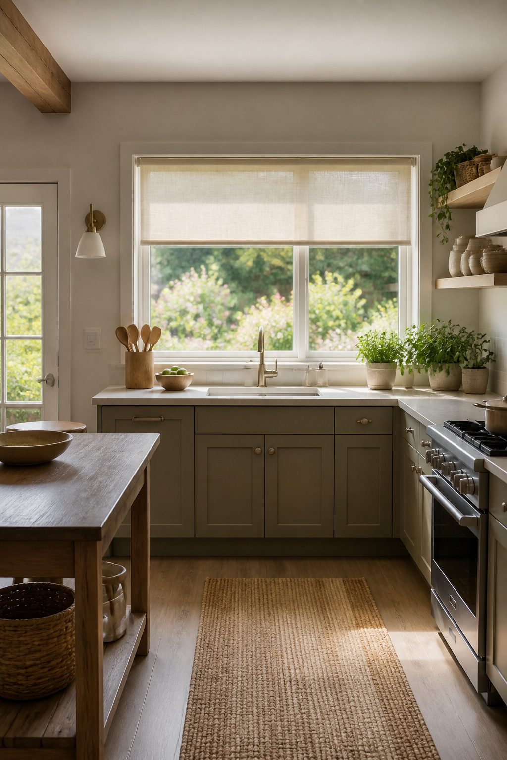 Solar shades covering a kitchen window with a view outside.