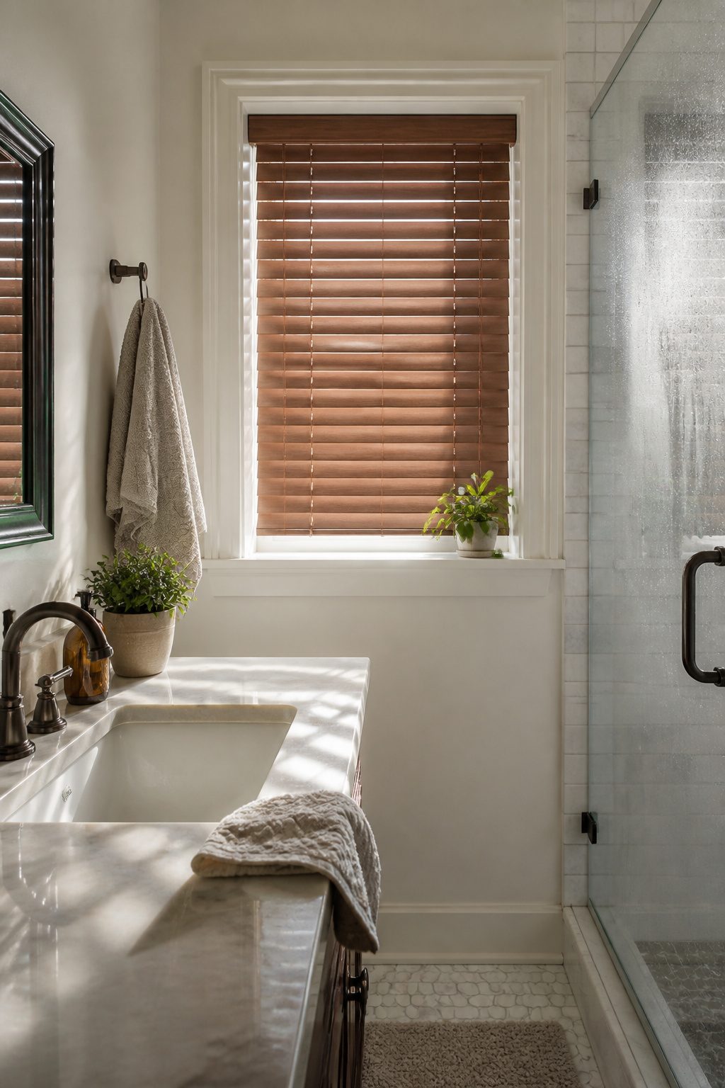 12 Small Window Privacy Ideas: Blinds, Shades, Film & More 1 Faux wood blinds installed beneath a small window in a bathroom.