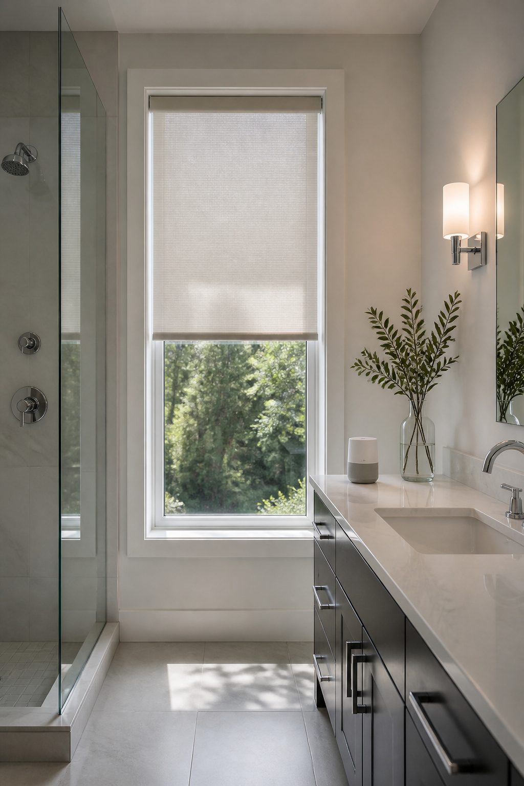 12 Small Window Privacy Ideas: Blinds, Shades, Film & More 16 Motorized shade partially covering a tall bathroom window.