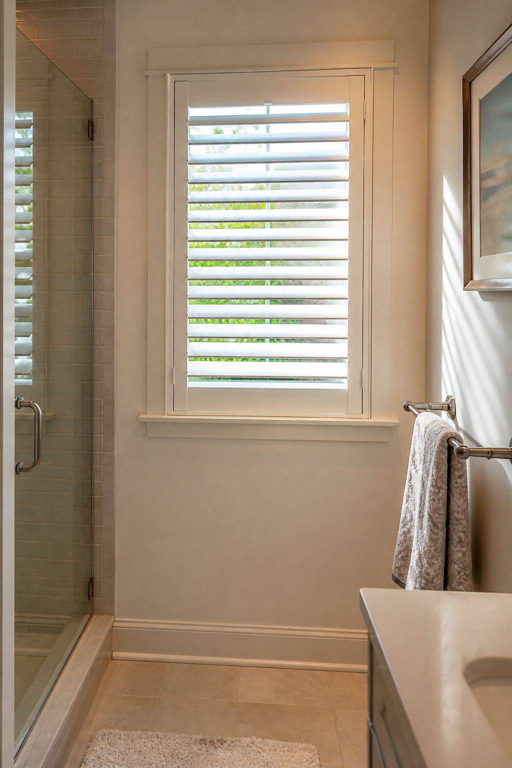 12 Small Window Privacy Ideas: Blinds, Shades, Film & More 4 White vinyl shutters installed over a small bathroom window.