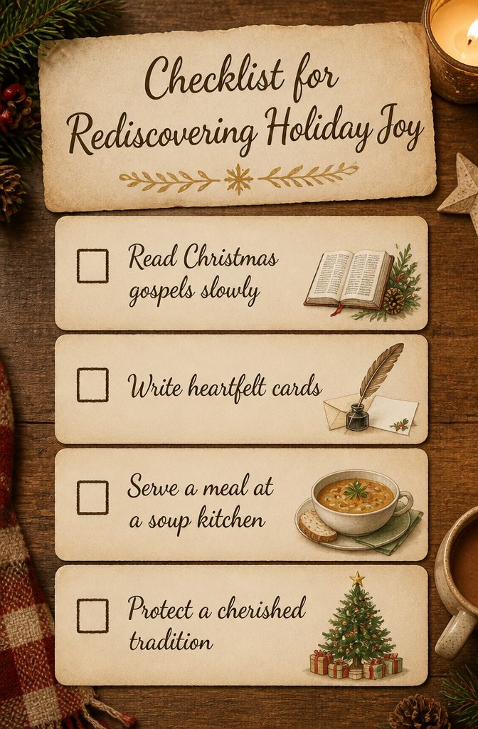 Checklist titled 'Rediscovering Holiday Joy' with handwritten notes.