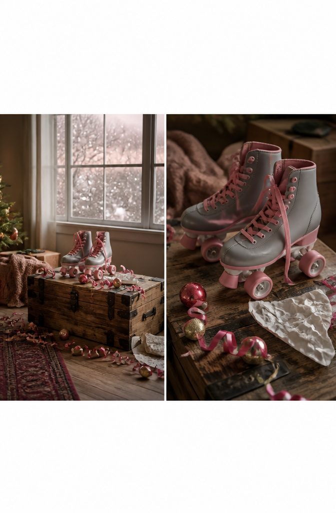 Grey-and-pink roller skates on a wooden floor.