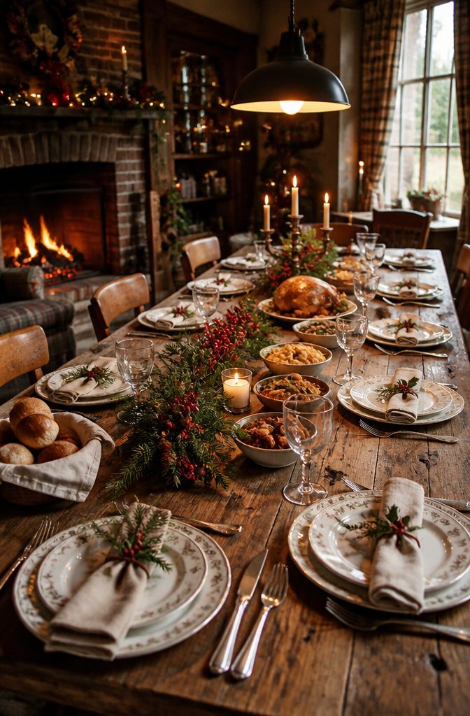 Dining table with food, centerpieces, and place settings.