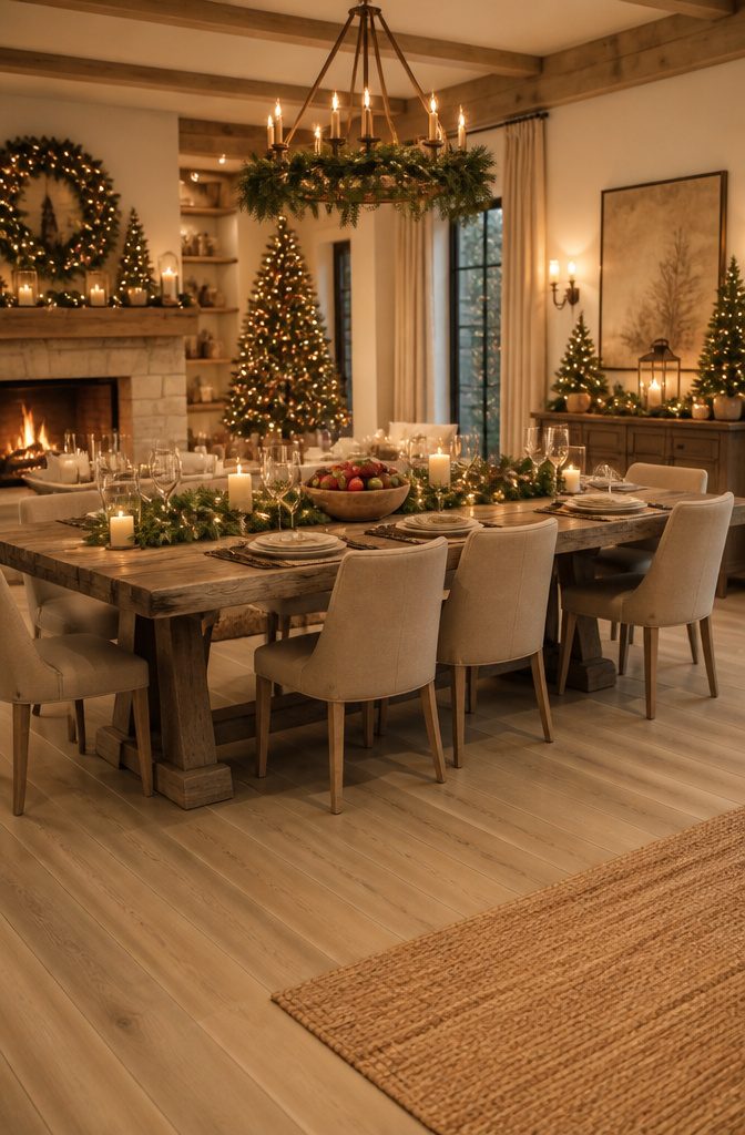 Room decorated with Christmas ornaments and lights.