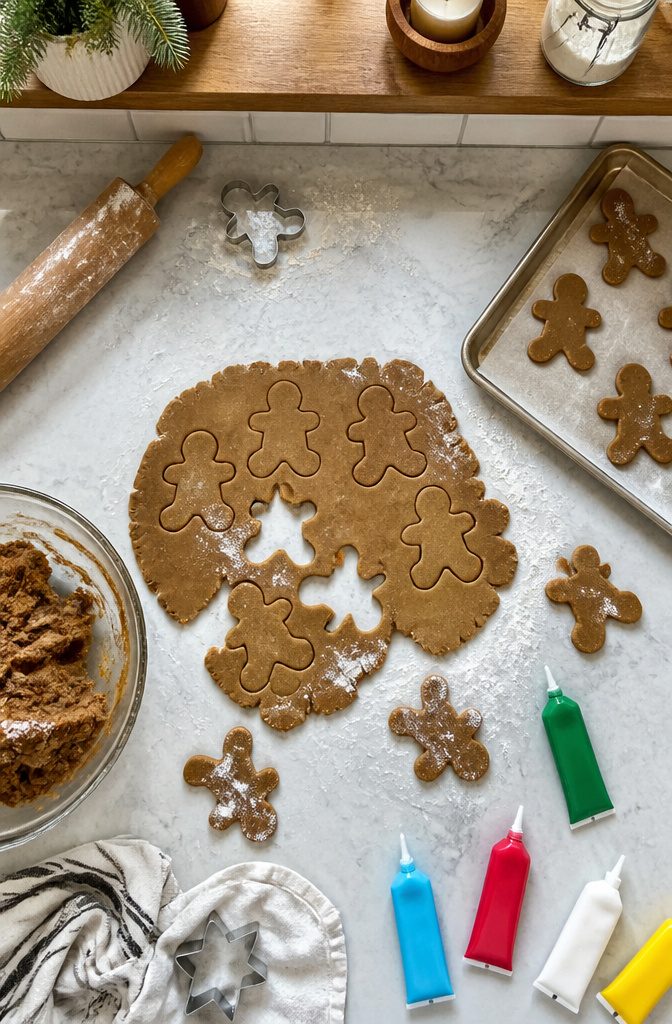 Gingerbread cookies being decorated on a kitchen counter.