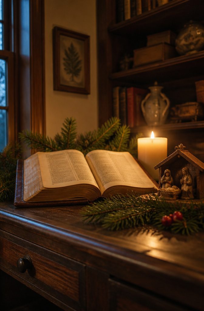 Open Bible with Christmas Nativity story text.