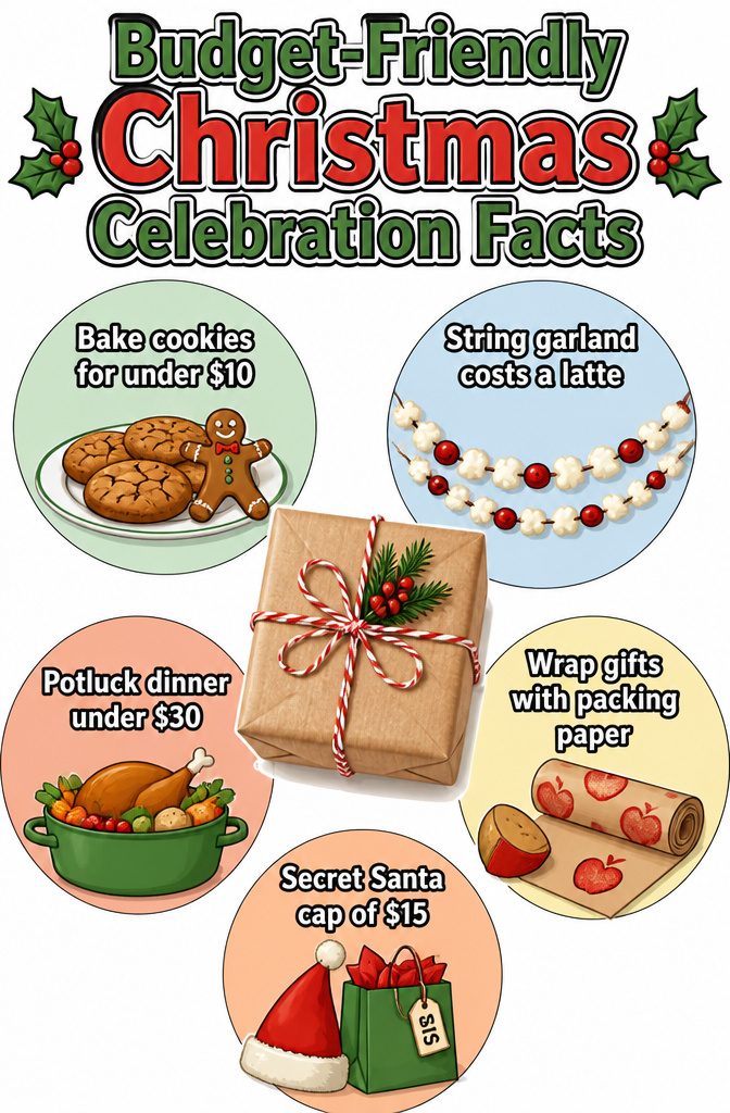 Infographic with budget-friendly Christmas celebration tips.