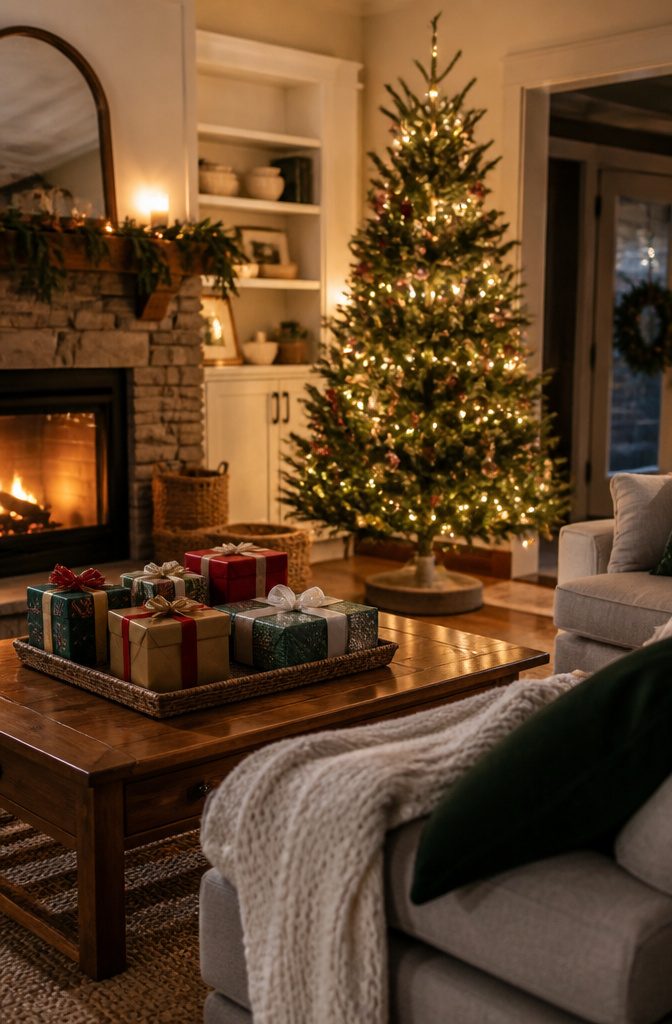 Living room with a Christmas tree, gifts, and warm lighting.