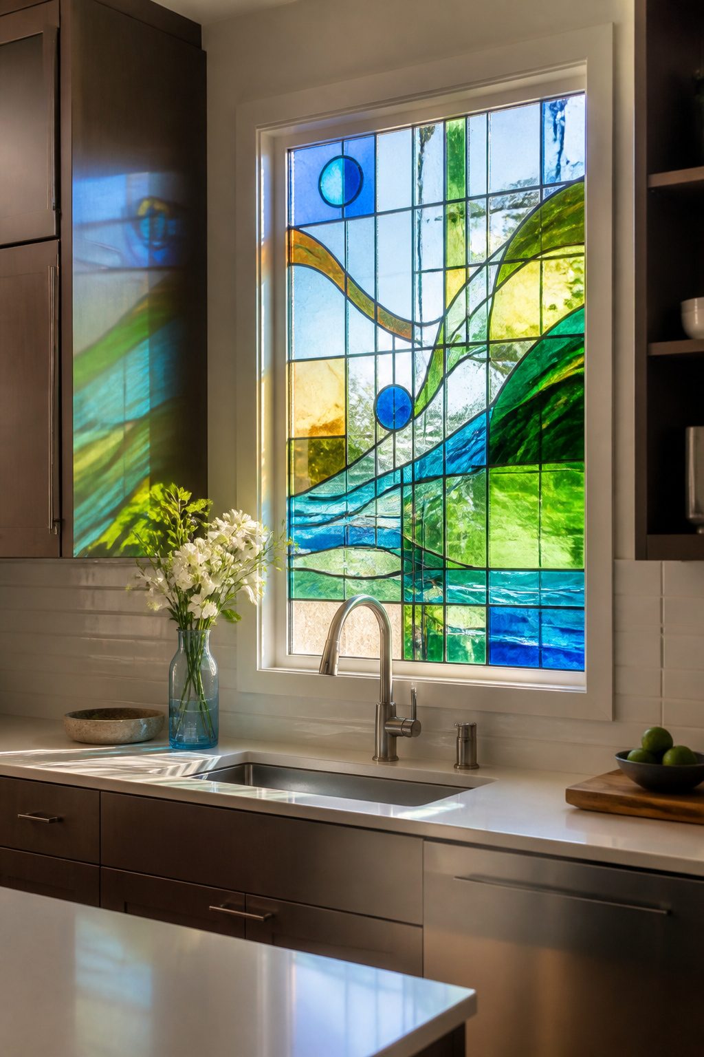 Stained Glass Art Windows: Custom, Antique & Modern Designs 4 A modern art glass window with bright colors and geometric shapes.