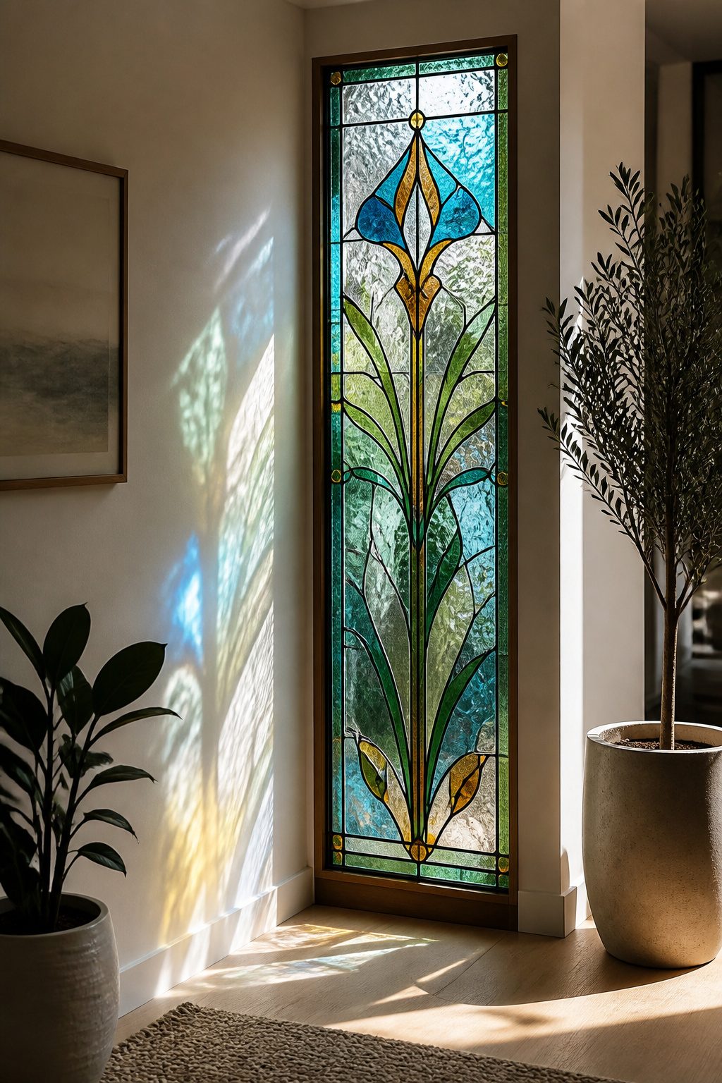 Stained Glass Art Windows: Custom, Antique & Modern Designs 2 A custom stained glass window panel with blue, green, and amber accents.