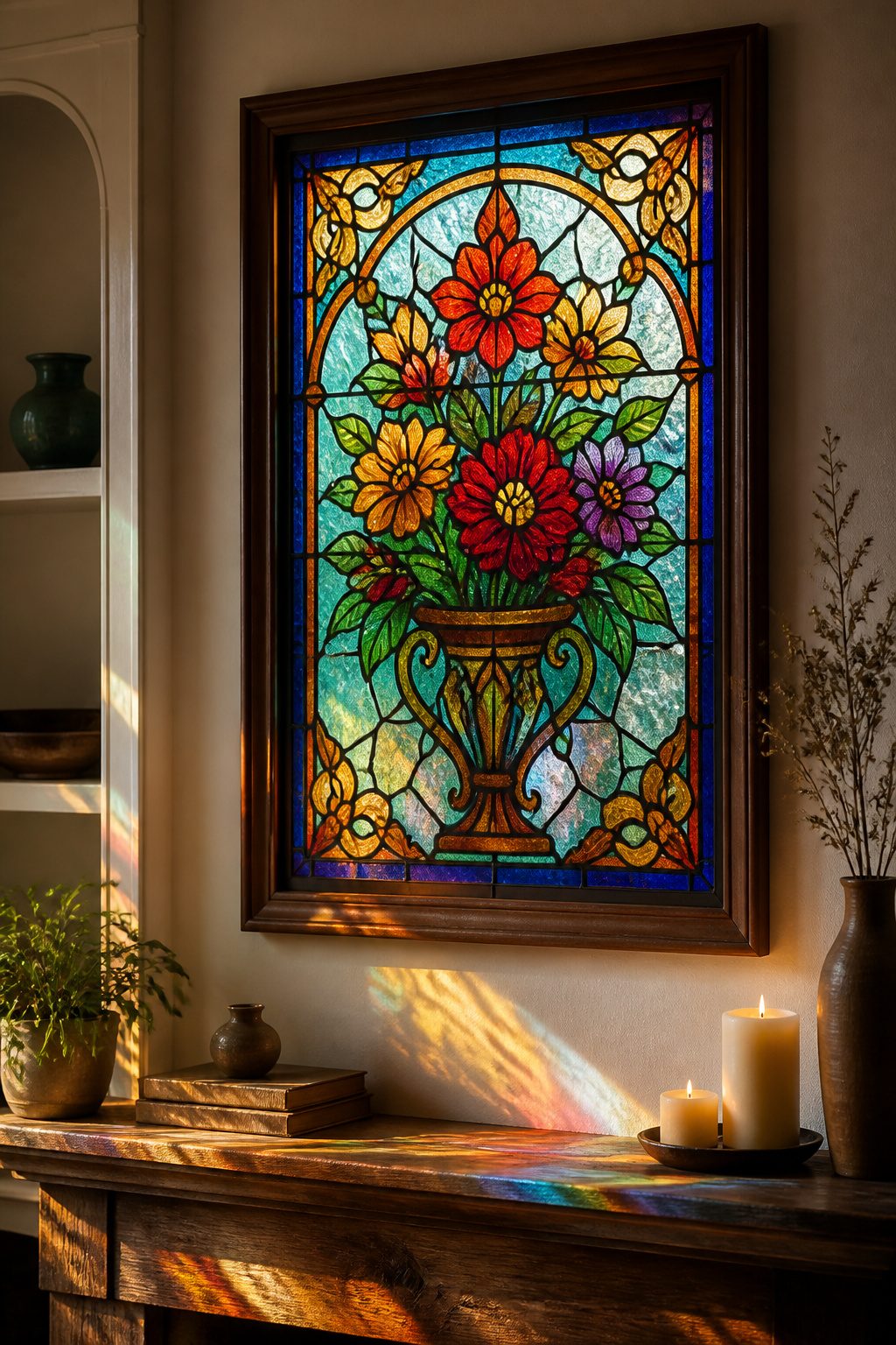 Stained Glass Art Windows: Custom, Antique & Modern Designs 3 A decorative stained glass panel displayed above a sofa in a modern interior.