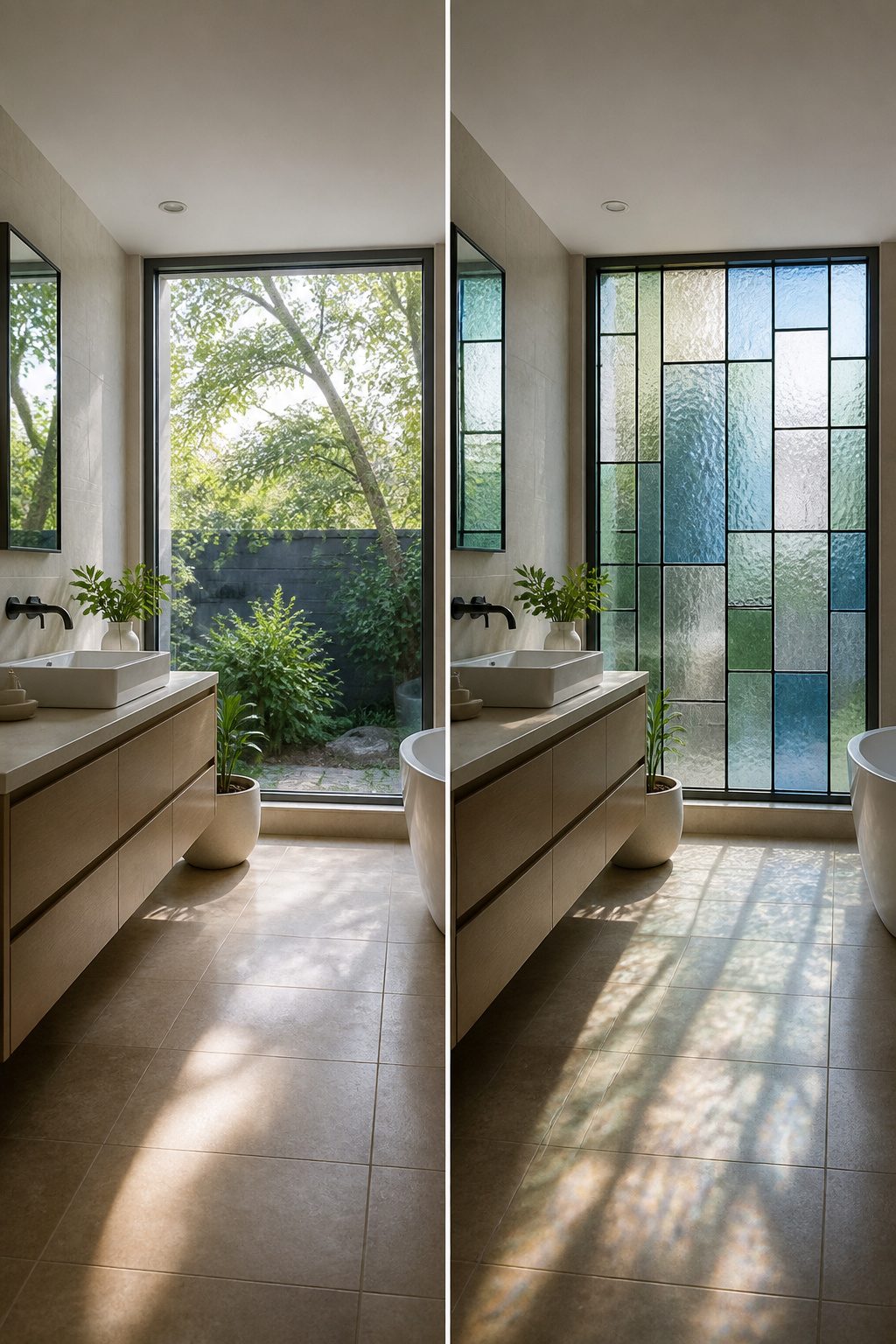Stained Glass Art Windows: Custom, Antique & Modern Designs 8 A stained glass window used for privacy in a bathroom setting.