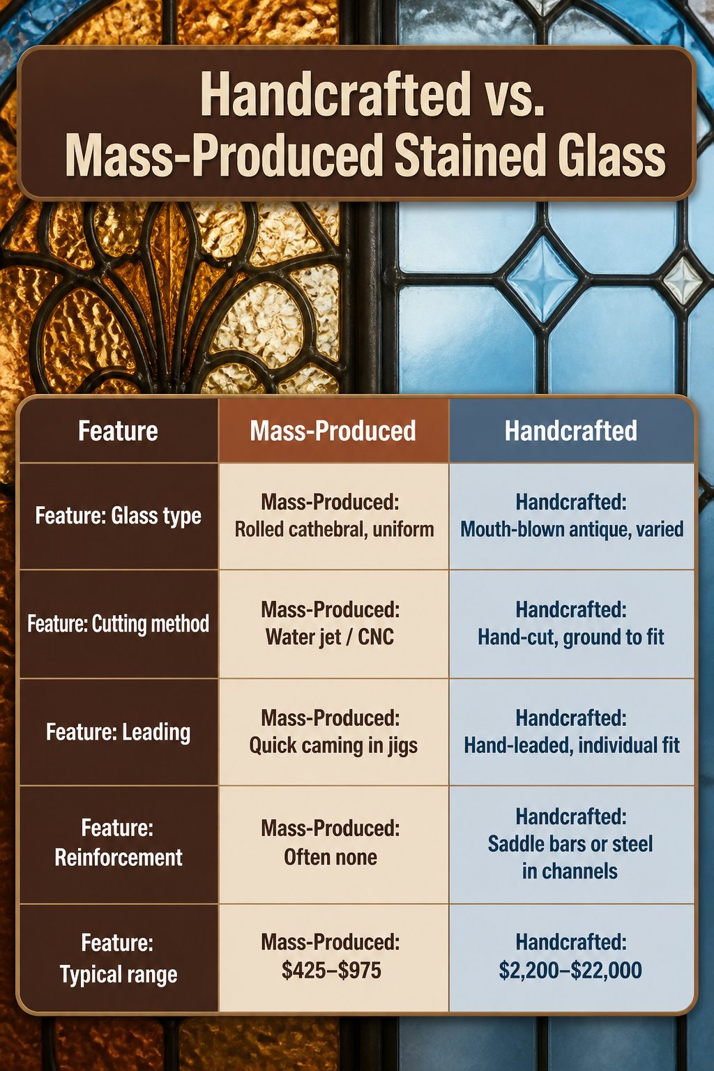 Stained Glass Art Windows: Custom, Antique & Modern Designs 10 Comparison of handcrafted and mass-produced stained glass panels.