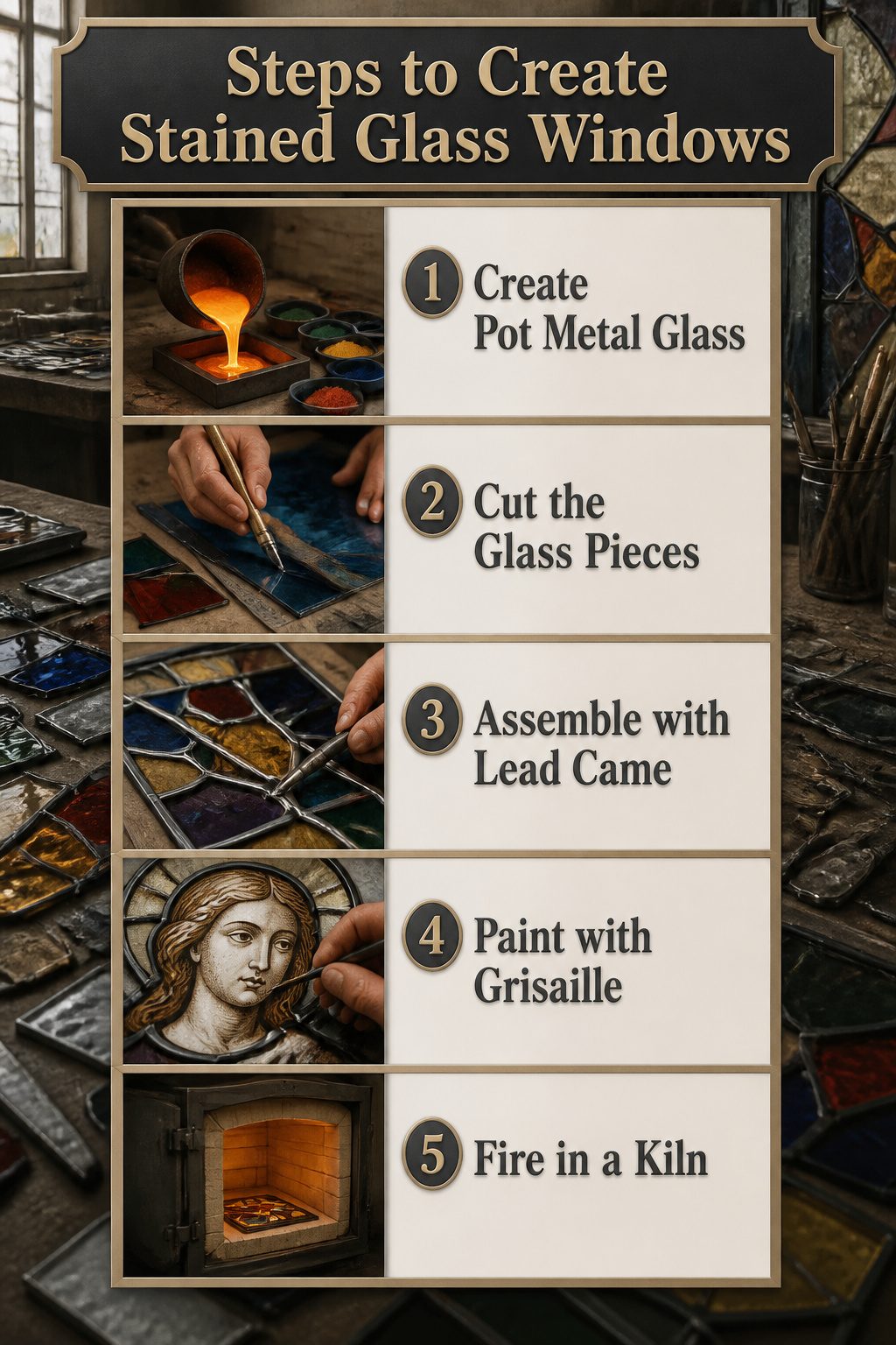 Stained Glass Art Windows: Custom, Antique & Modern Designs 9 Steps to create stained glass windows, showing the glass-making process.