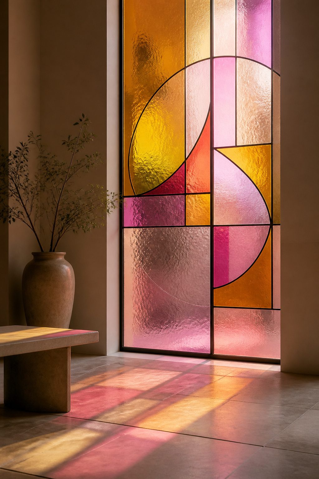 Stained Glass Art Windows: Custom, Antique & Modern Designs 7 An Art Deco stained glass window with geometric shapes and bright colors.