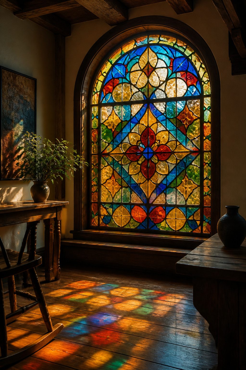 Stained Glass Art Windows: Custom, Antique & Modern Designs 1 A stained glass window with red, blue, and amber colors in a softly lit room.