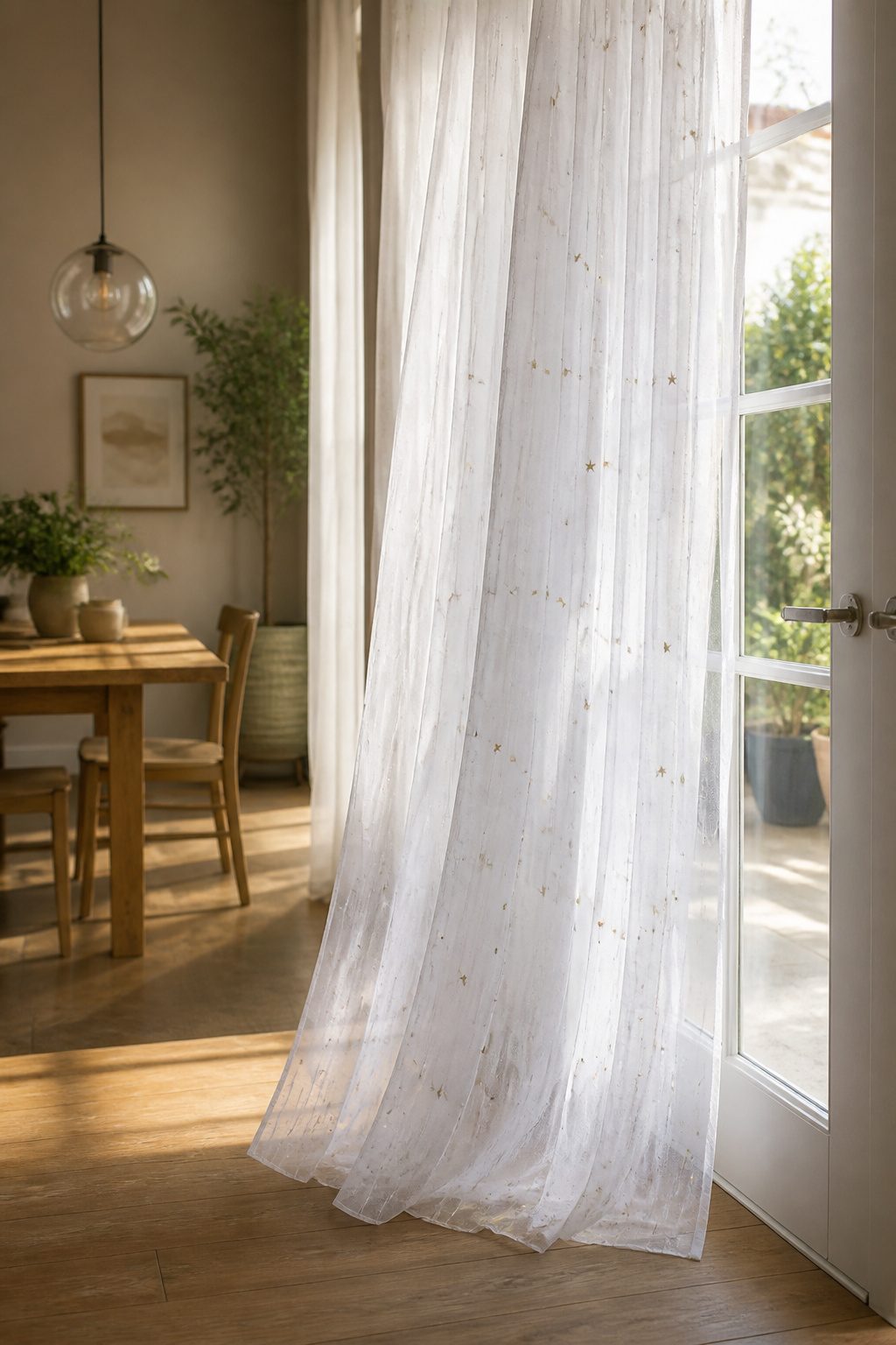 Star Patterned Sheer Curtains: Styles and Care for 2026 1 Twinkling Stars Glittering Striped White Sheer Curtain hanging from a French door.