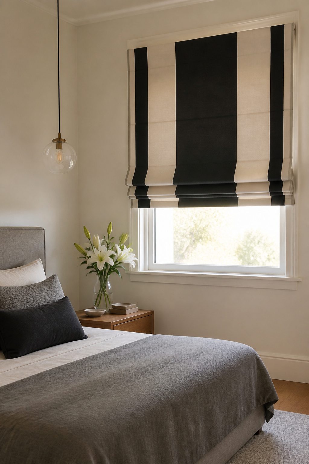 Flat Roman shade with balanced stripes in Jet color in a bright bedroom.