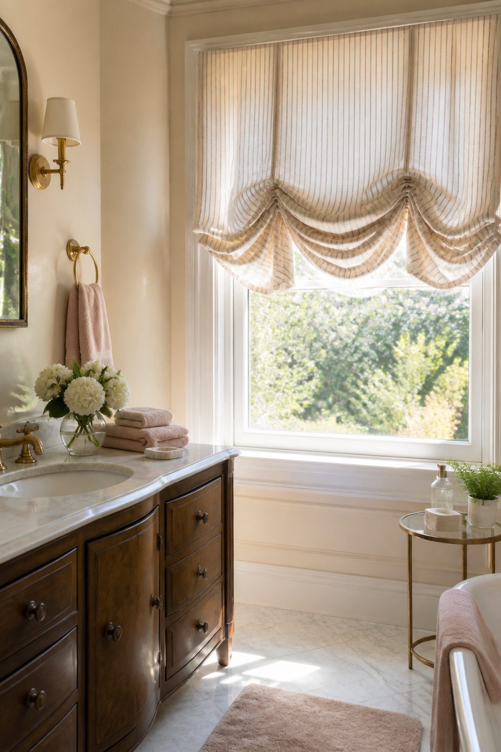Bathroom with balloon shades featuring horizontal stripes.
