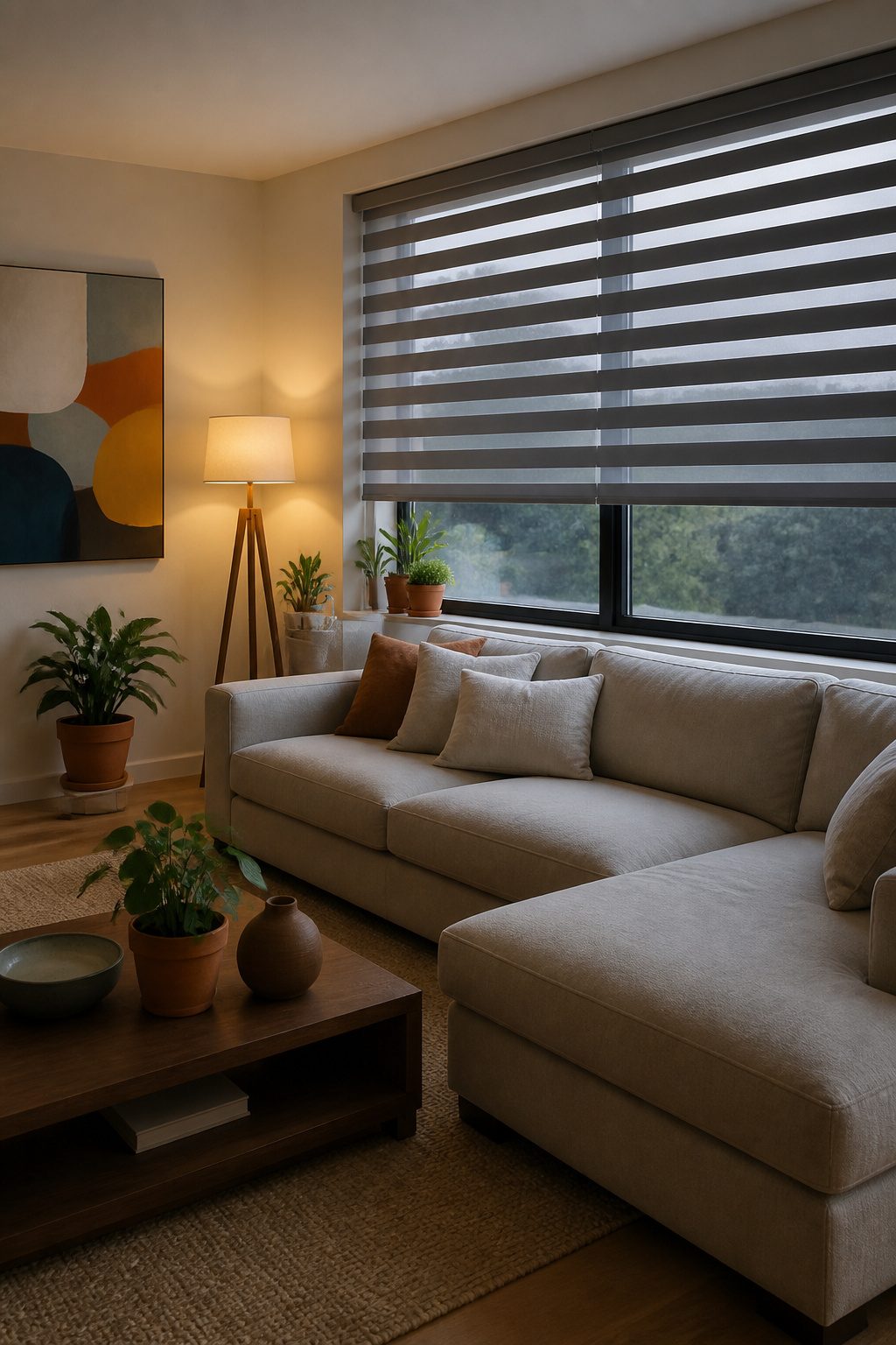 Wide window with barre stripe blinds in a serene living room.