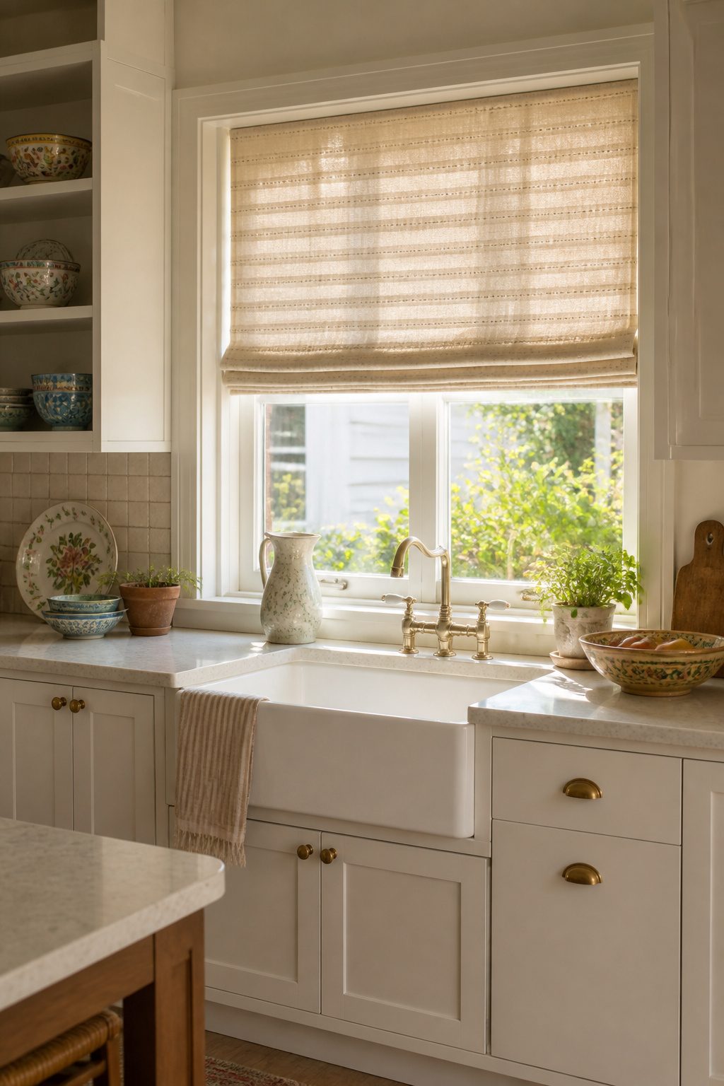 Roman shade with chalk stripes in a sunny kitchen.