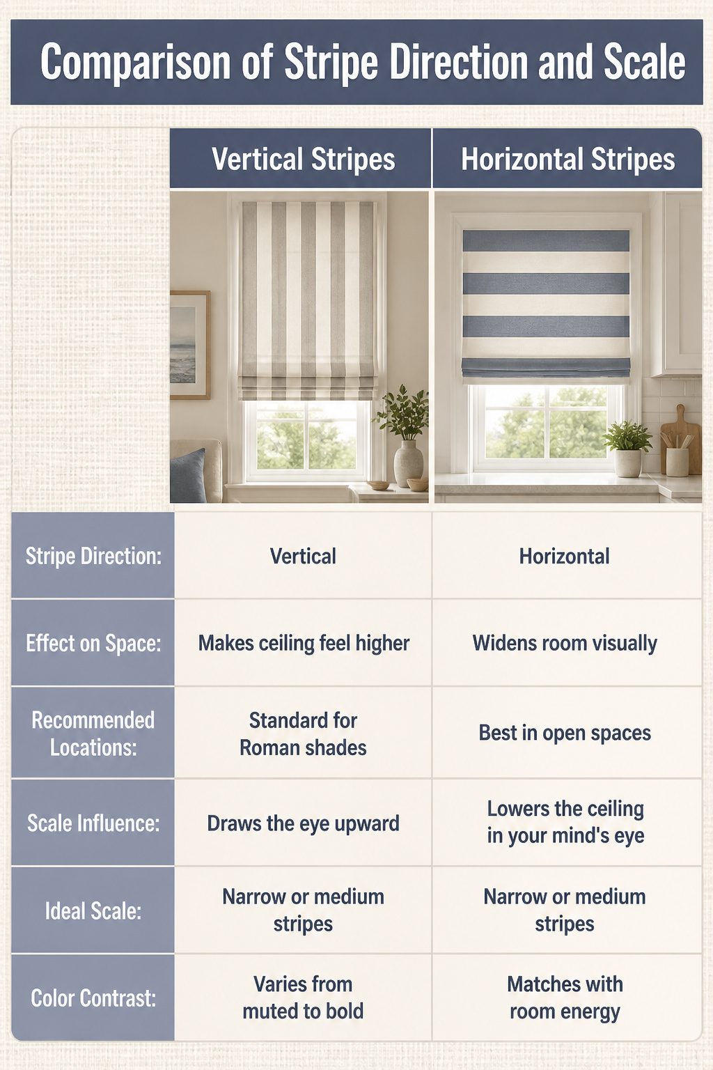 Diagram comparing vertical and horizontal stripe effects on interior spaces.