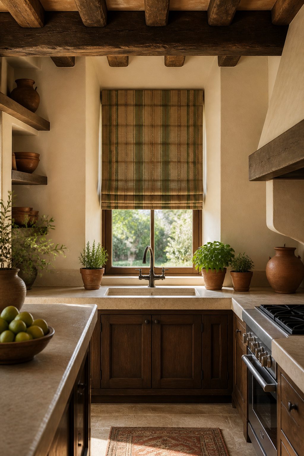 Faux shade in green and brown stripes above a kitchen sink.