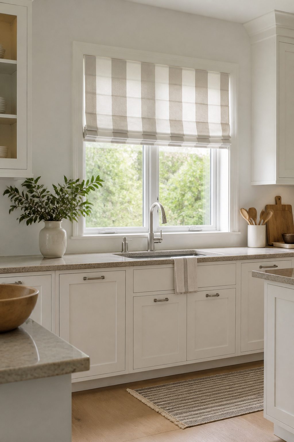 Flat Roman shades featuring scroll stripes in a modern kitchen.