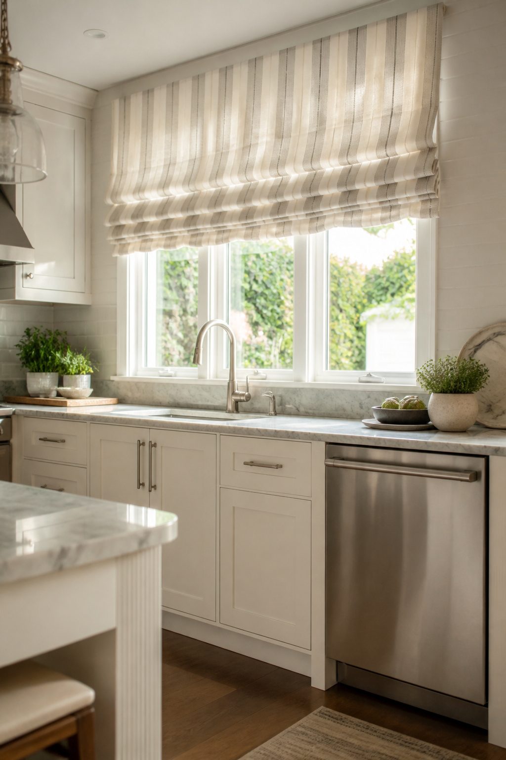 Kitchen with hobbled Roman shades in white and stone scroll stripes.