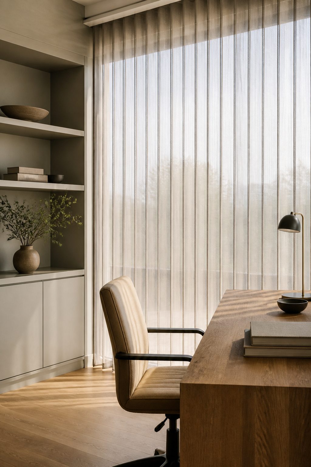 Close-up of pinstripe window blinds in a minimalist home office.