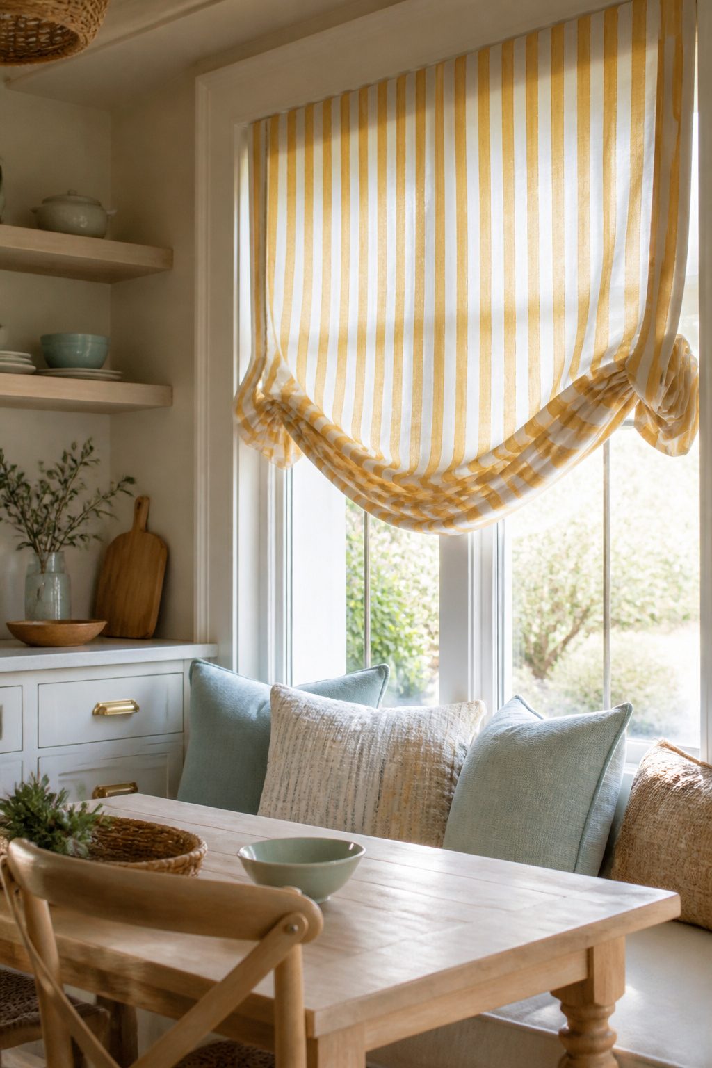 Cozy kitchen nook with relaxed Roman shades in gold and ivory.