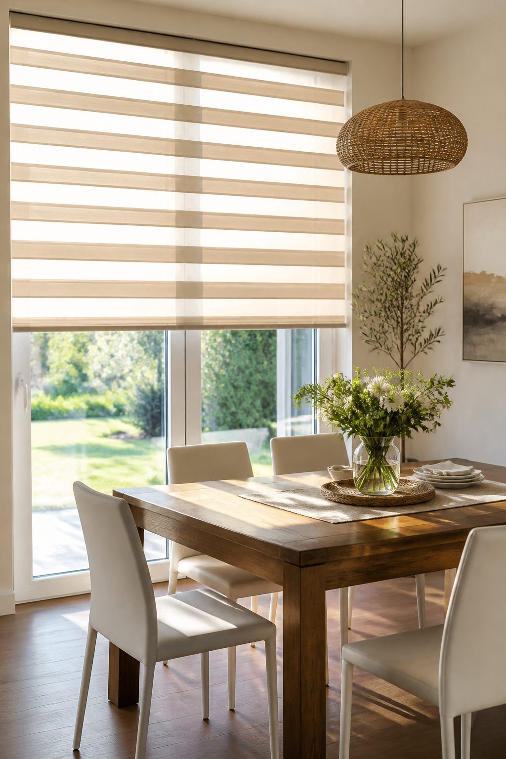 Dining area with shadow stripe blinds in warm sand tones.