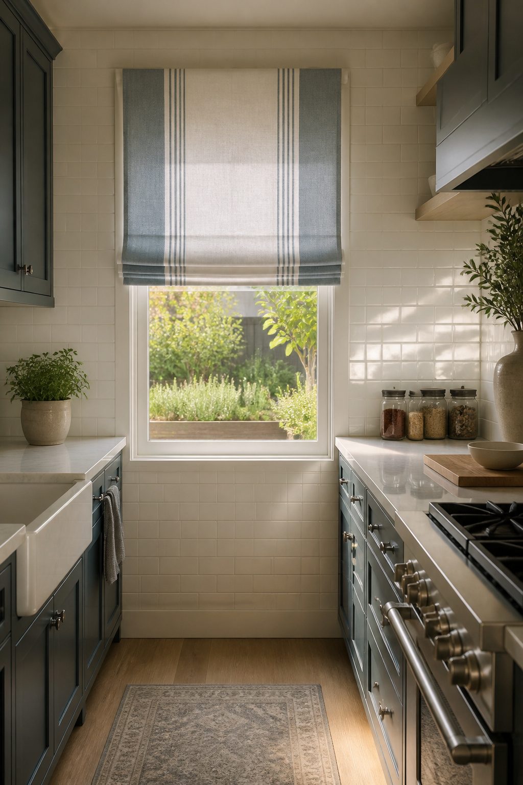 Roman shade featuring a blue-gray ticking stripe in a kitchen.