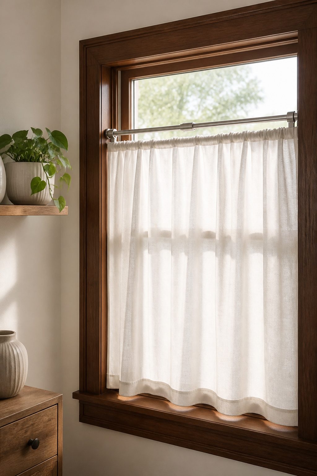10 Tension Rod Window Treatment Ideas for Easy, Drill-Free Style 1 A tension rod with rubber pads holding a cotton curtain in a light room.
