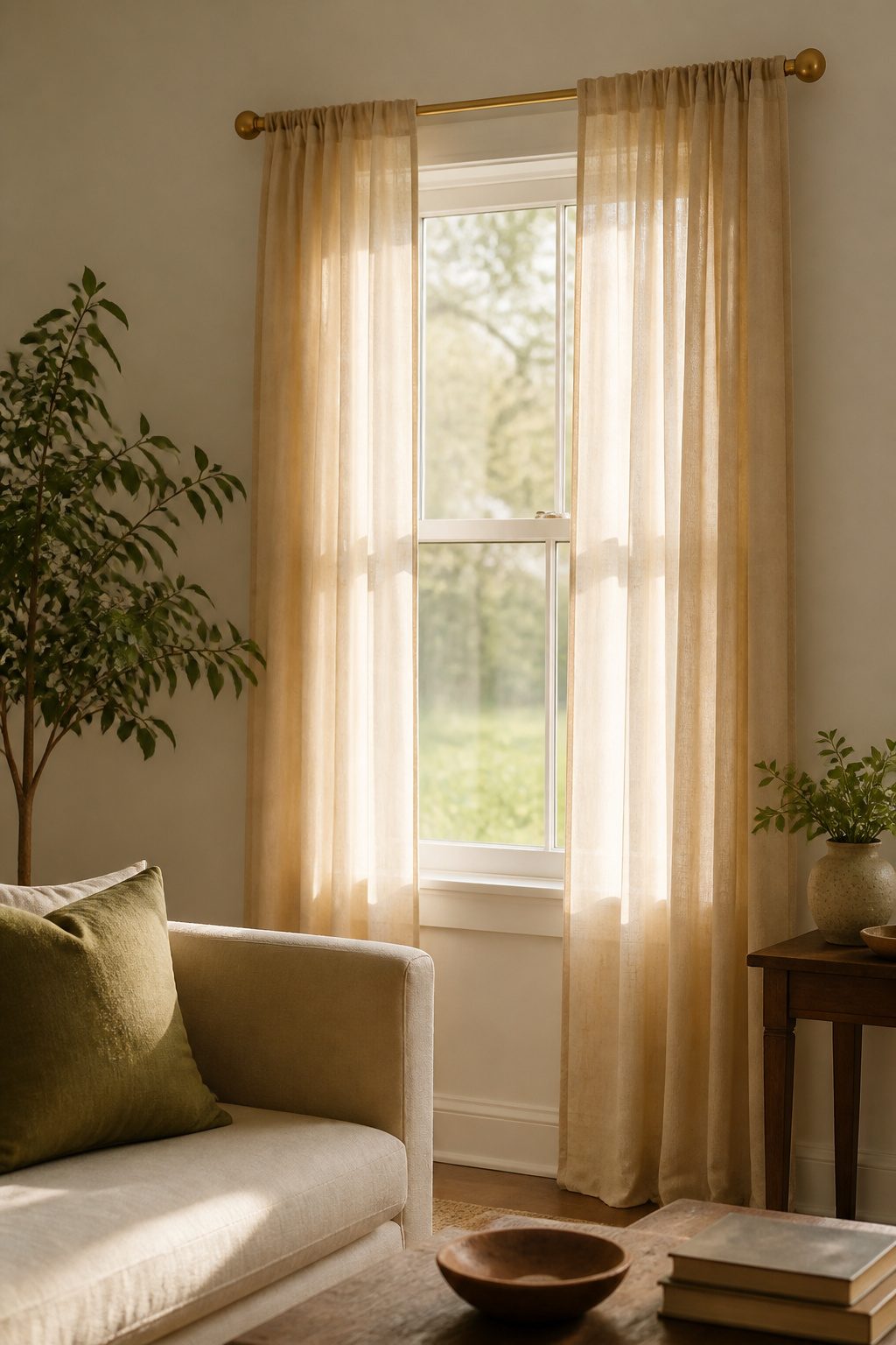 10 Tension Rod Window Treatment Ideas for Easy, Drill-Free Style 7 Brass tension rod holding linen curtains in a warmly lit room.
