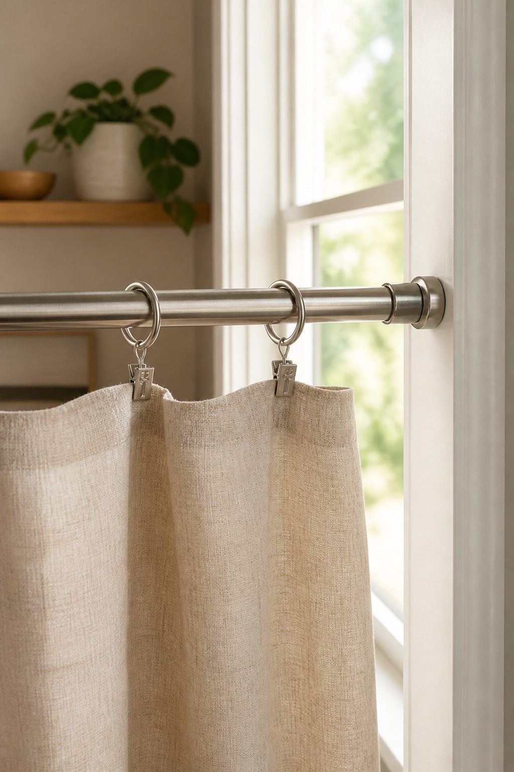 10 Tension Rod Window Treatment Ideas for Easy, Drill-Free Style 9 High-quality curtain clip rings attached to a linen panel on a rod.