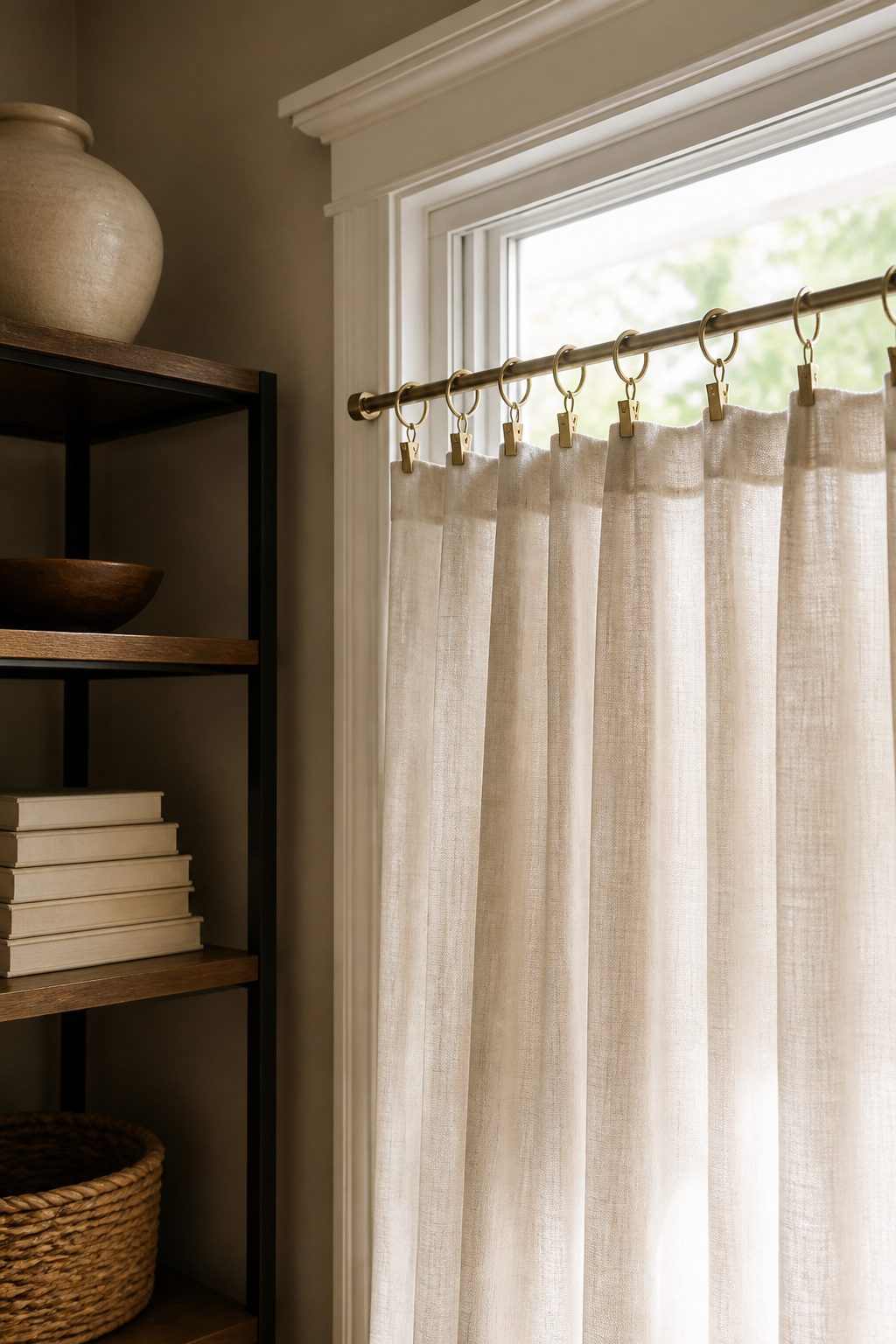 10 Tension Rod Window Treatment Ideas for Easy, Drill-Free Style 3 Gold clip rings on a tension rod with textured linen panels below.