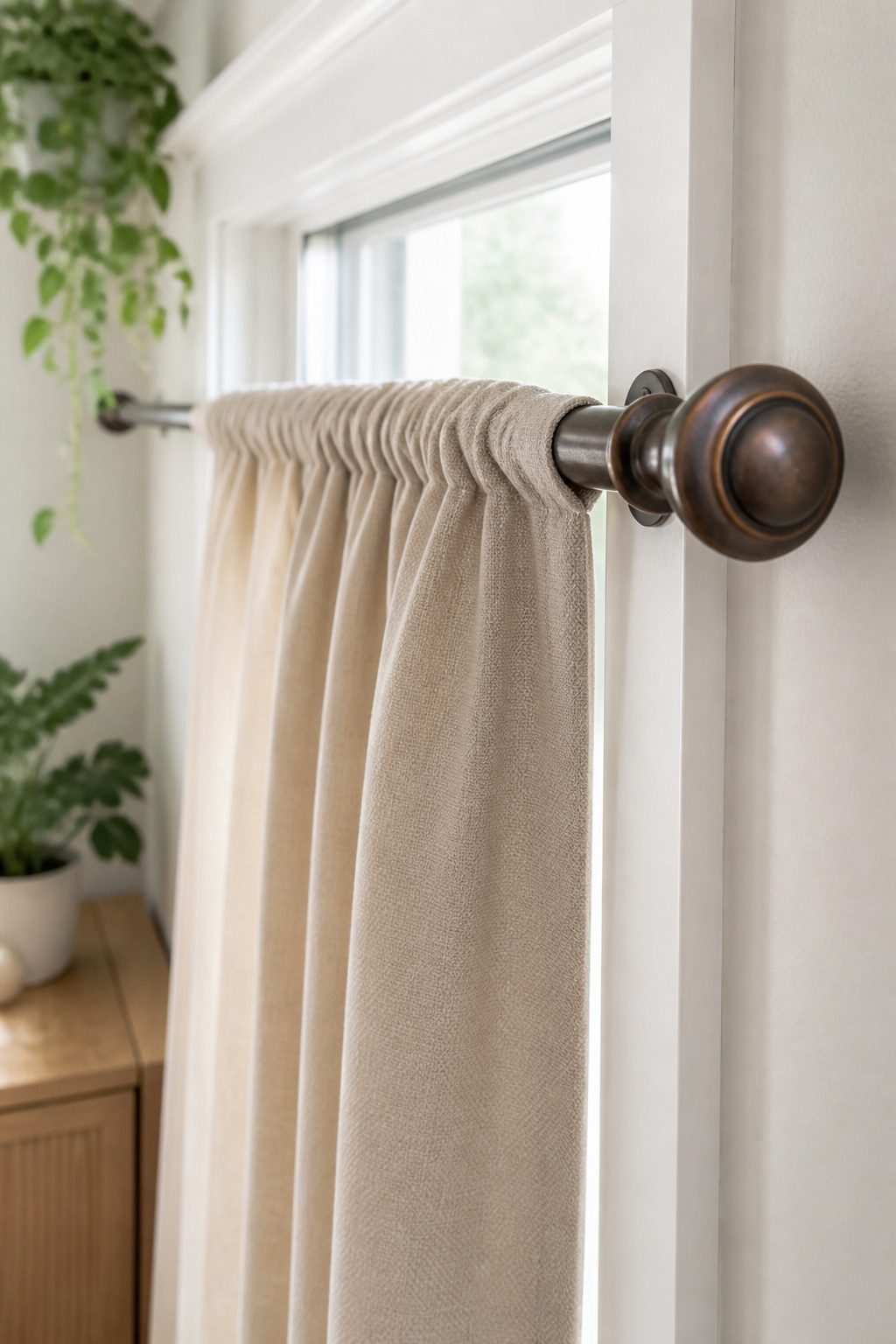 10 Tension Rod Window Treatment Ideas for Easy, Drill-Free Style 10 A tension rod with decorative finials at each end.