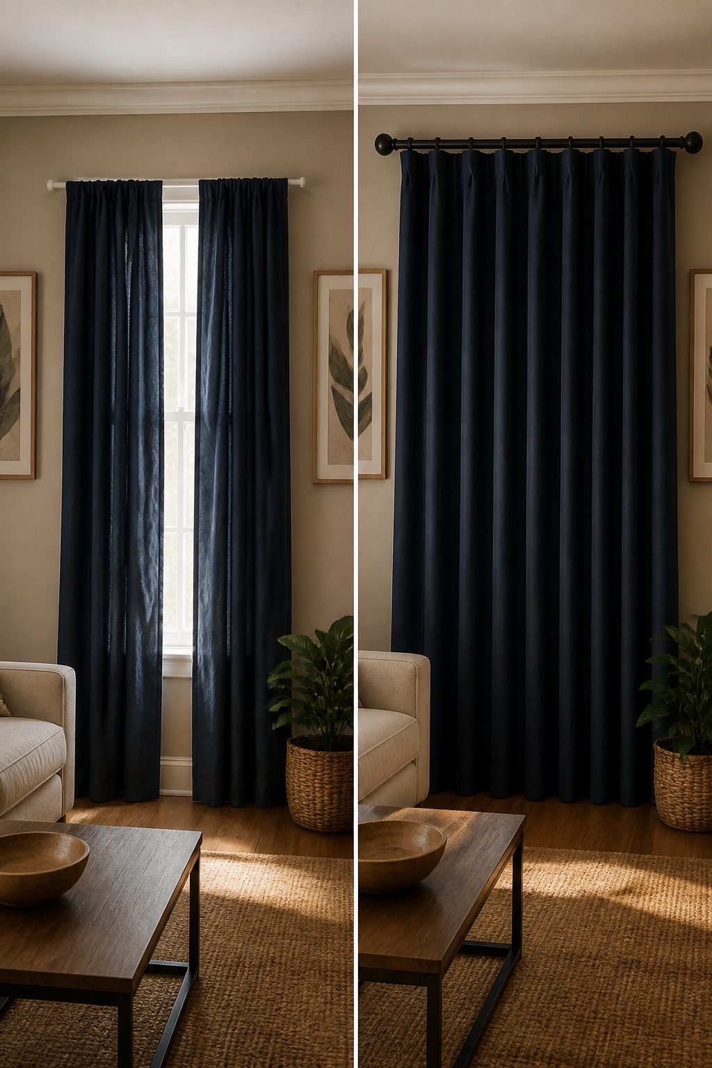 10 Tension Rod Window Treatment Ideas for Easy, Drill-Free Style 5 A heavy duty tension rod holding blackout panels in a wide window.