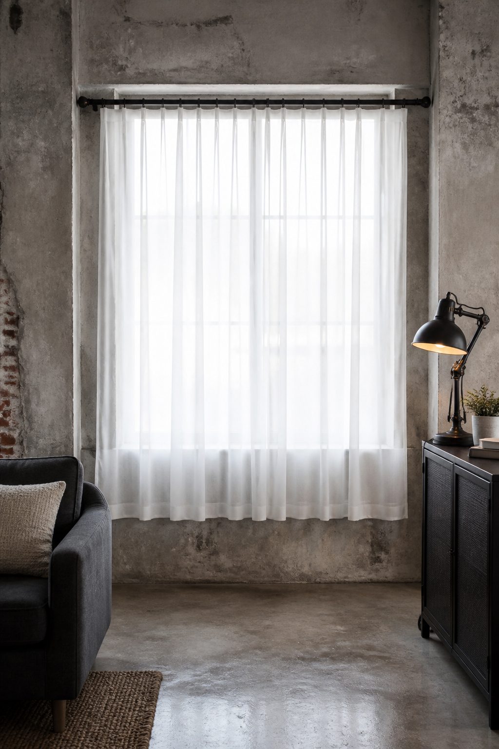 10 Tension Rod Window Treatment Ideas for Easy, Drill-Free Style 6 A dark metal tension rod with a white fabric curtain in a minimalist room.
